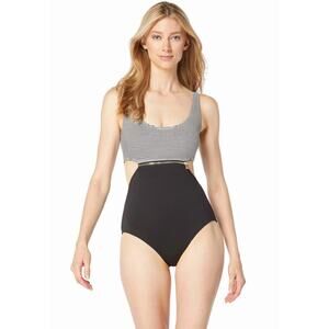Michael Kors NEW Cut Out Swimsuit Striped Zipper Detail Size 6 Black Nautical
